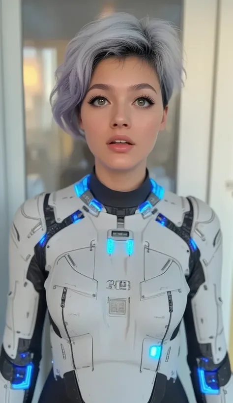 Young, pleasant, light skin of a cyborg girl, an open face, an open forehead, with a white short haircut, smooth hair ((stands straight and looks directly at the camera), stands in anfas, hands on the hips of the sides, 4k of high quality. Photos, super re...