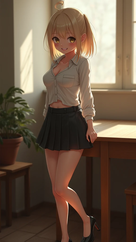 Schoolgirl with short blond hair in a short mini skirt,  stockings, heels, long legs,  unbuttoned shirt, plump lips, Smiles, stands at the table. Photo. 