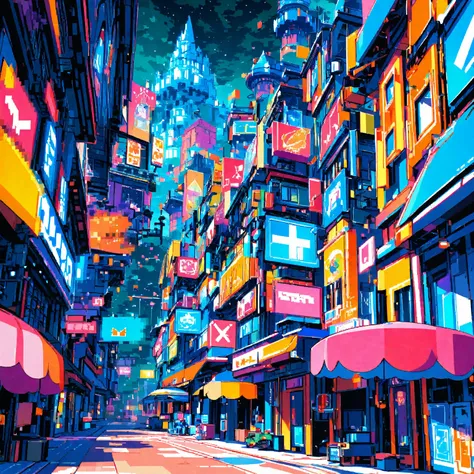 Pixelated castle environment, 16bit, vivid colors, anime atmosphere, digital art