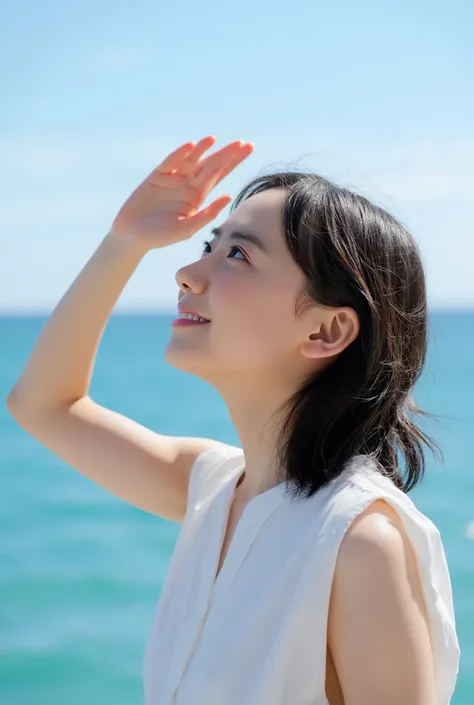 Photographing a young woman with the blue sea in the background、bust shot、Look up at the sky while blocking the bright sunlight with one hand、wearing a sleeveless shirt and showing a light smile、open your mouth slightly, smiles, medium hair, hair that flut...