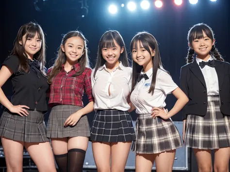  nsfw, highest quality、 masterpiece、Ultra High Resolution、(On stage at an idol concert :1.5)、spotlight, (realistic:1.4)、RAW photo、very detailed、very detailed skin、physically-based rendering、((5 female middle school students are standing side by side:1.5)),...