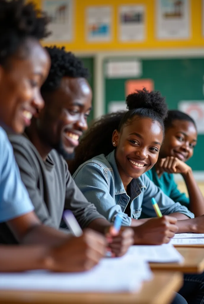 very realistic photo 2 men 2 women 19 years old, black African, Mozambique, they are having inglish class in the classroom.