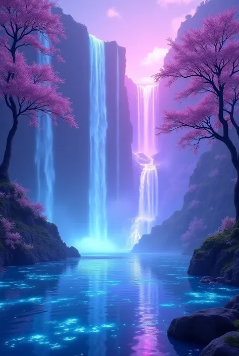 A mesmerizing fantasy landscape with giant waterfalls that glow with soft purple and blue light. The water falls into a mystical glowing lake surrounded by bioluminescent trees. Ultra-realistic, 4K resolution."