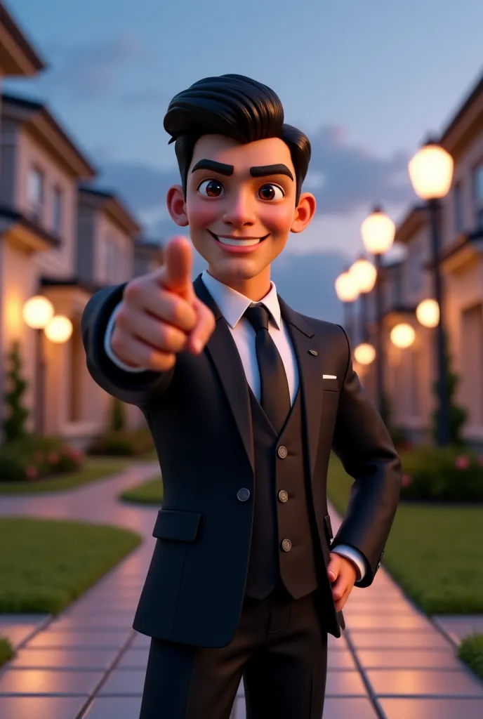 "A highly detailed 3D illustration of a cartoonish character, inspired by an iconic video game mascot, dressed in an elegant three-piece black suit, including tie and vest. He is positioned in a luxurious suburban neighborhood at dusk, with modern houses, ...