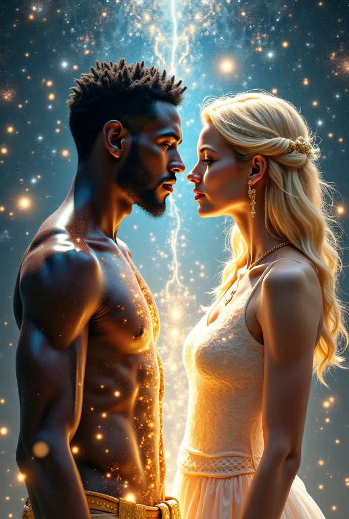 Divine masculine black man and divine feminine blonde woman reflecting in the mirror of spacetime 