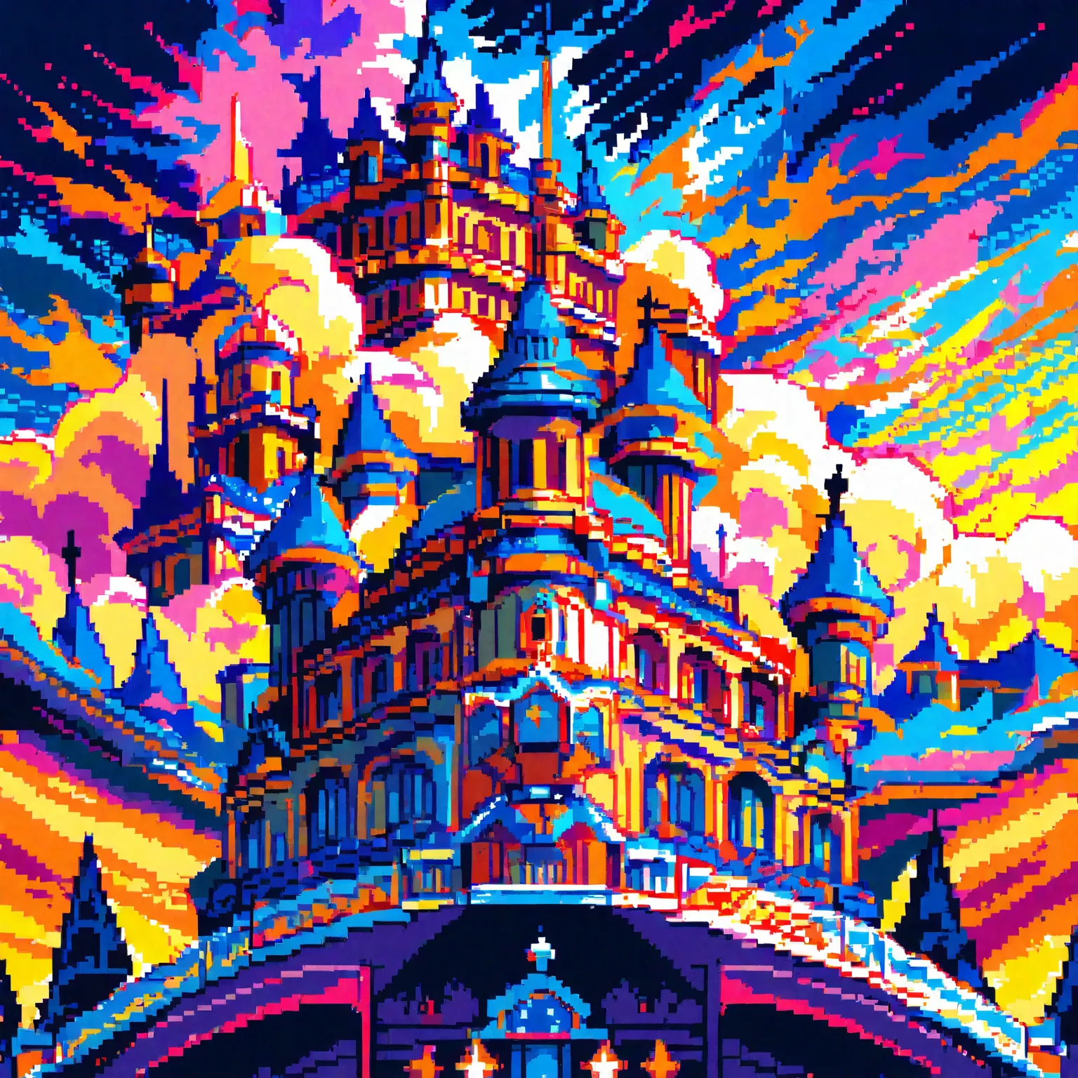 Pixel art castle, anime atmosphere, vivid colors, digital art 