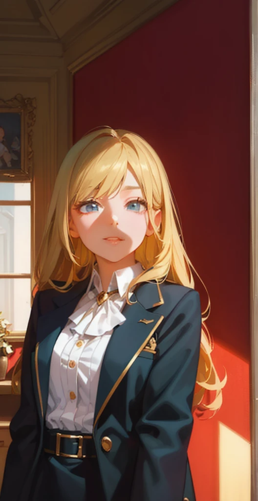 woman(ethnicity:1.2, age:1.1), bright blonde (detailed hair:1.2), bright blue eyes(facial features:1.3),smile(expression:1.2),Medium build(body type:1.1), upright position(pose:1.2),dark blue jacket with a bluish tinge(detailed clothing:1.2),white blouse,I...