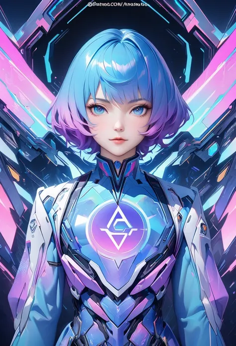 single anime boy, personification of Google Gemini, blue gradient suit, light blue to deep blue color scheme, ethereal glow, digital art style, futuristic, AI theme, holographic elements, blue to purple gradient hair with mushroom haircut, blue eyes, mascu...