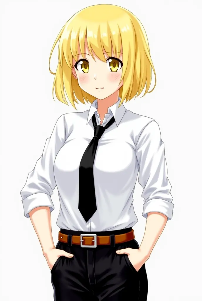 Her character has blonde hair, bob and yellow eyes, wears a formal white shirt with a black tie and black pants, making it look clean and sharp. In addition, there is a brown belt around the waist ready, which conveys a detective or explorer theme. 