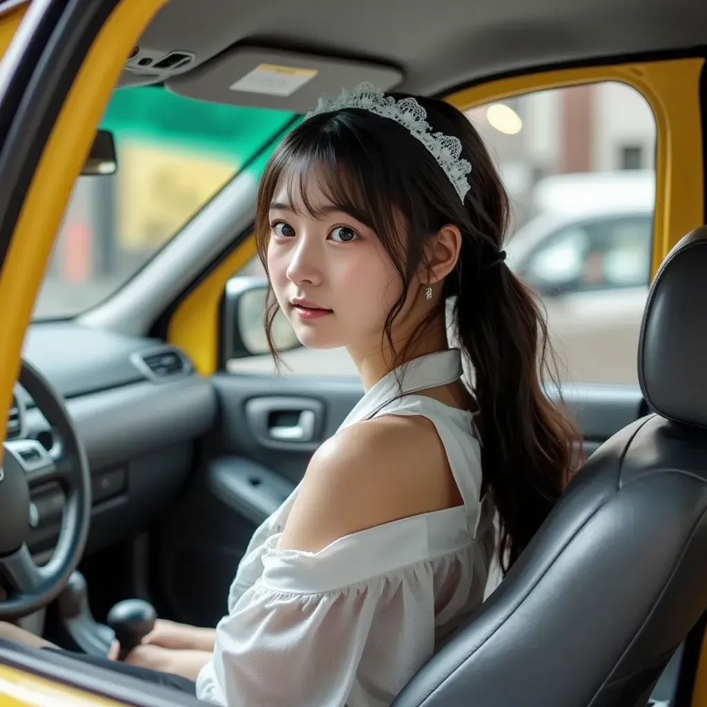 Girl sitting in a taxi, meter, green, yellow, brand Toyota Corolla Altis, 2004, gray leather seat, front of the driver  
