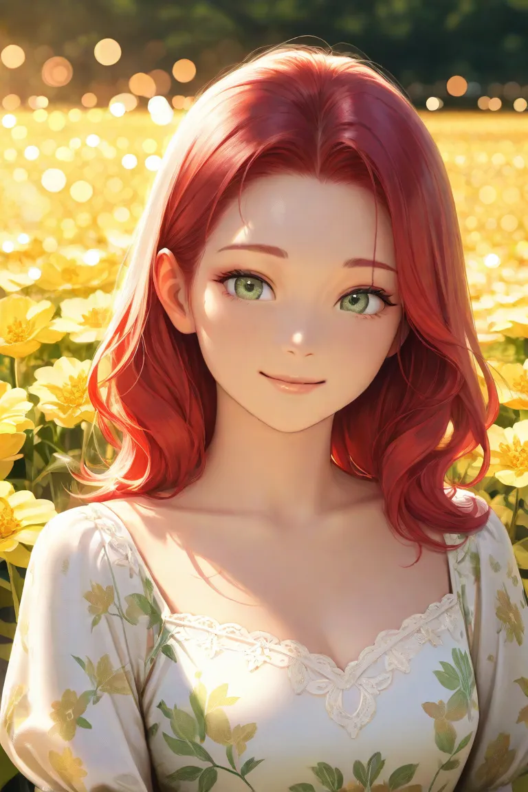 red hair woman, green eyes,  pretty woman, delicate face,  serene expression, fair skin,  floral dress,  Standing in a flower field , golden light, portrait photograph, high resolution, photorealistic, vibrant colors, Soft Focus, bokeh