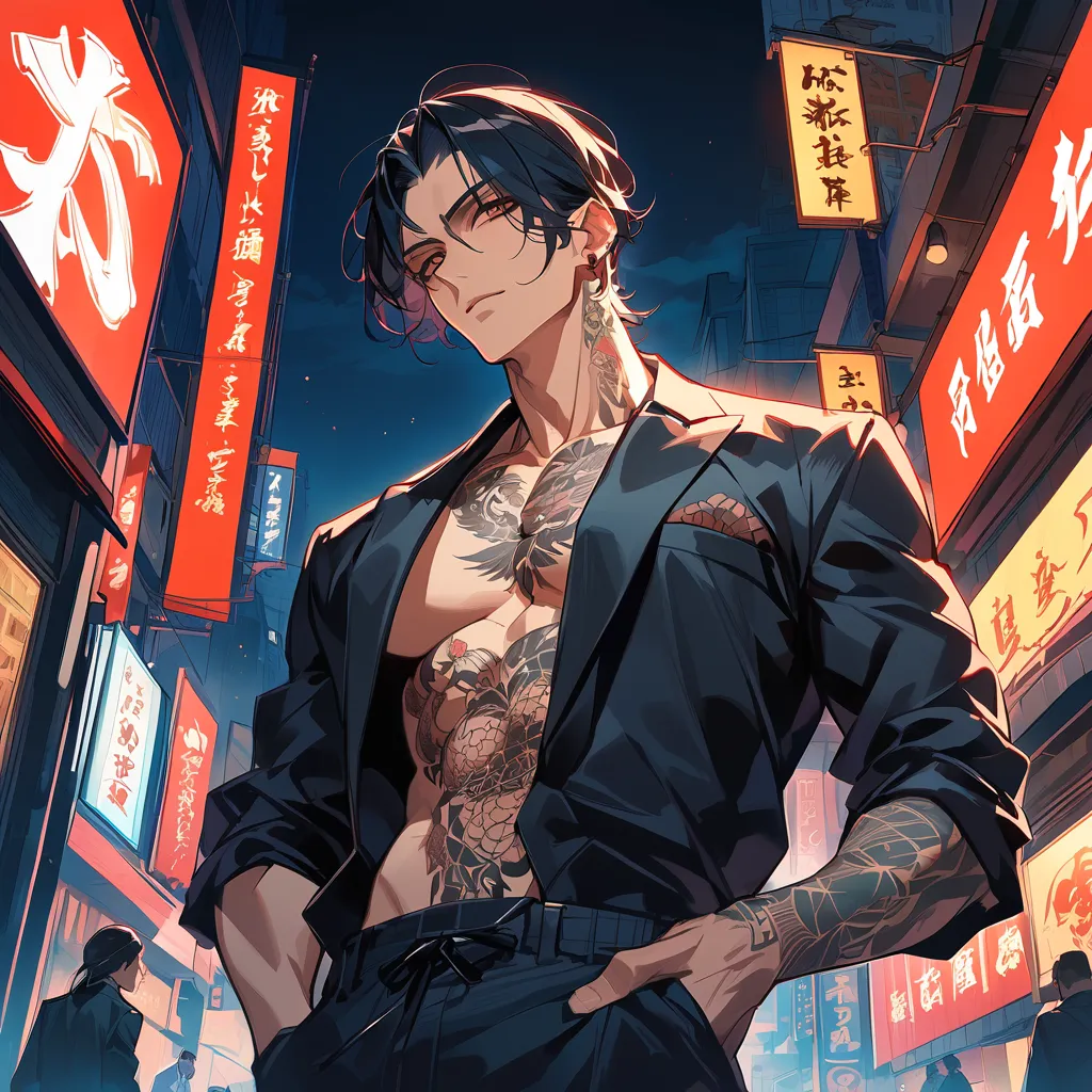 masterpiece, High Resolution, best quality,  malesolo, anime style, simple background, Kamigami, solo, anime style, Yakuza,  Yankee, Tattoo,  seventy-three-quarter , A pink view, sling, Short hair,  male,  Black Shorthair ,  long pants,  black hair, black ...