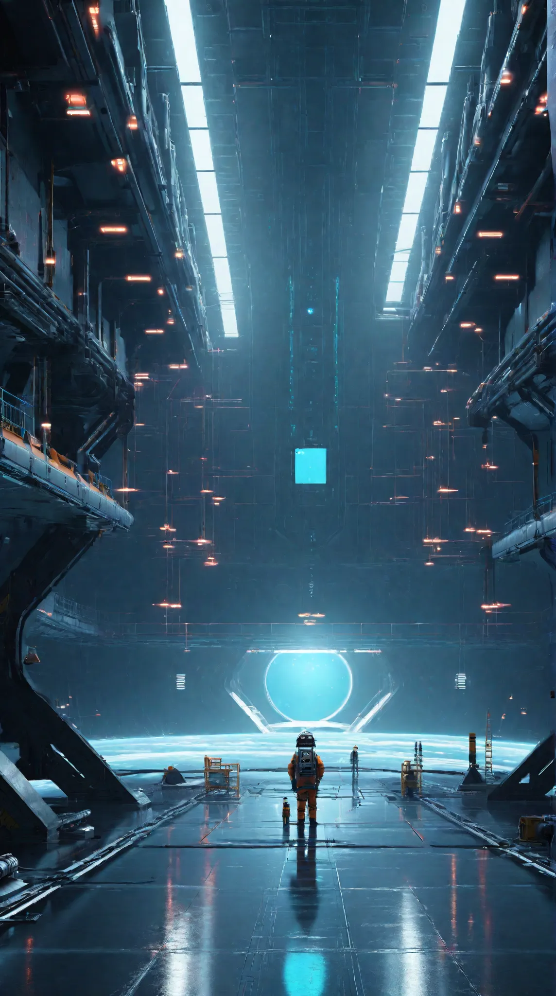 Industrial space base blending the artistic style of Christopher Balaskas and Yuko Shimizu