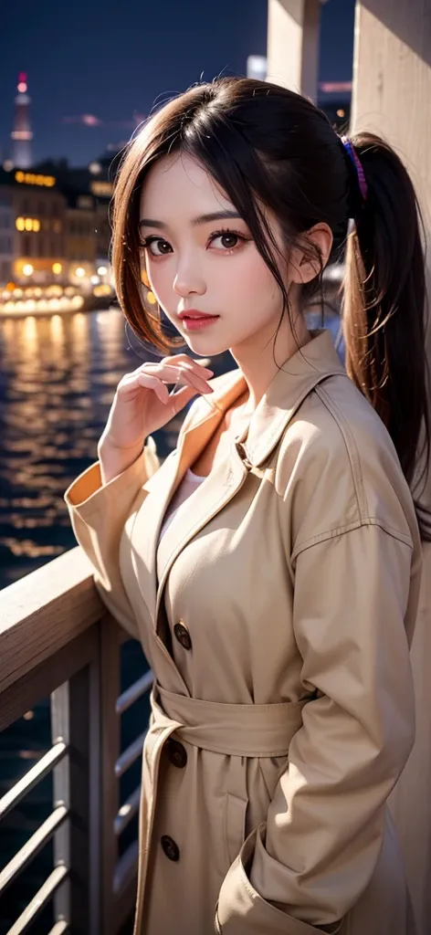 The prompts for this image look like this：

「A young woman standing on a seaside promenade。she wears a beige trench coat、with dark hair in a ponytail。Beautiful woman with big eyes and well-formed face。Clear eye makeup、coral pink lips。has an urban atmospher...