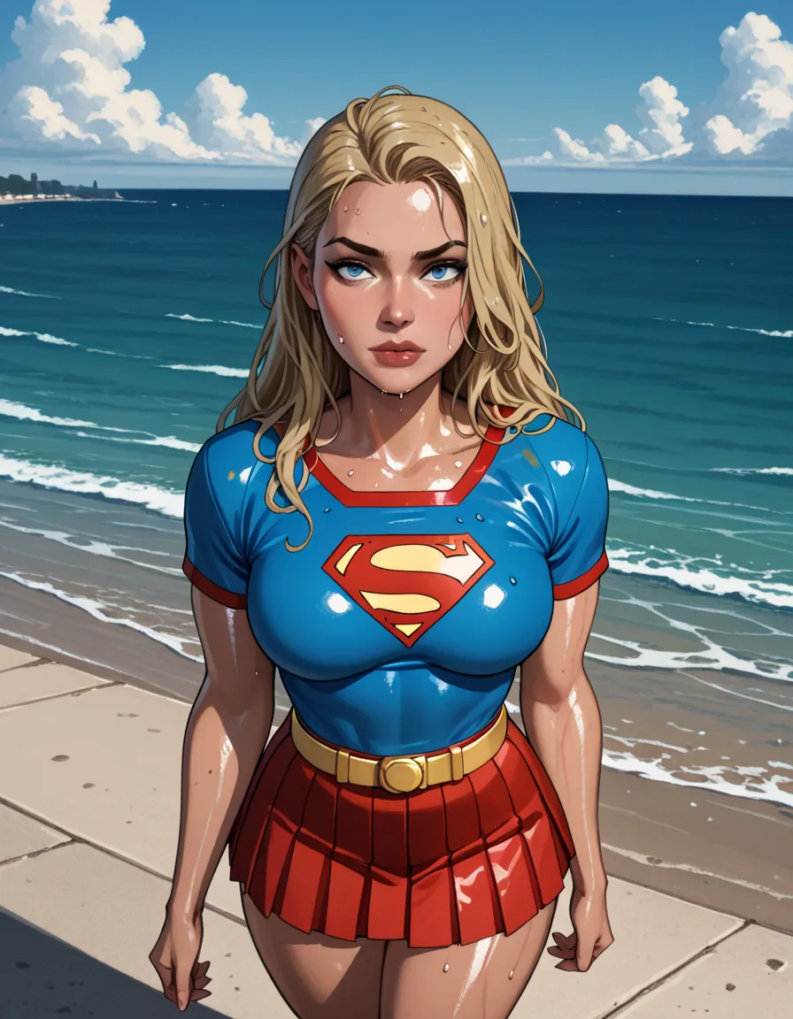 source_cartoon, 1,One, large breasts, wearing a supergirl costume, S emblem on the chest, blue long-sleeved T-shirt, yellow belt with buckle red pleated skirt, shiny skin, curvy, wide hips, blonde curly long hair , black eyes, plump perfect lips, skindance...