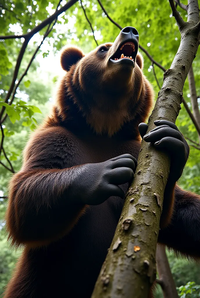 The image shows the perspective of a man looking down as he hurriedly climbs a tree to escape a bear. Your sweaty hands Strongly the thick and rough branches, while his feet rest precariously on the trunk.

 Down there , the huge bear is standing on its hi...