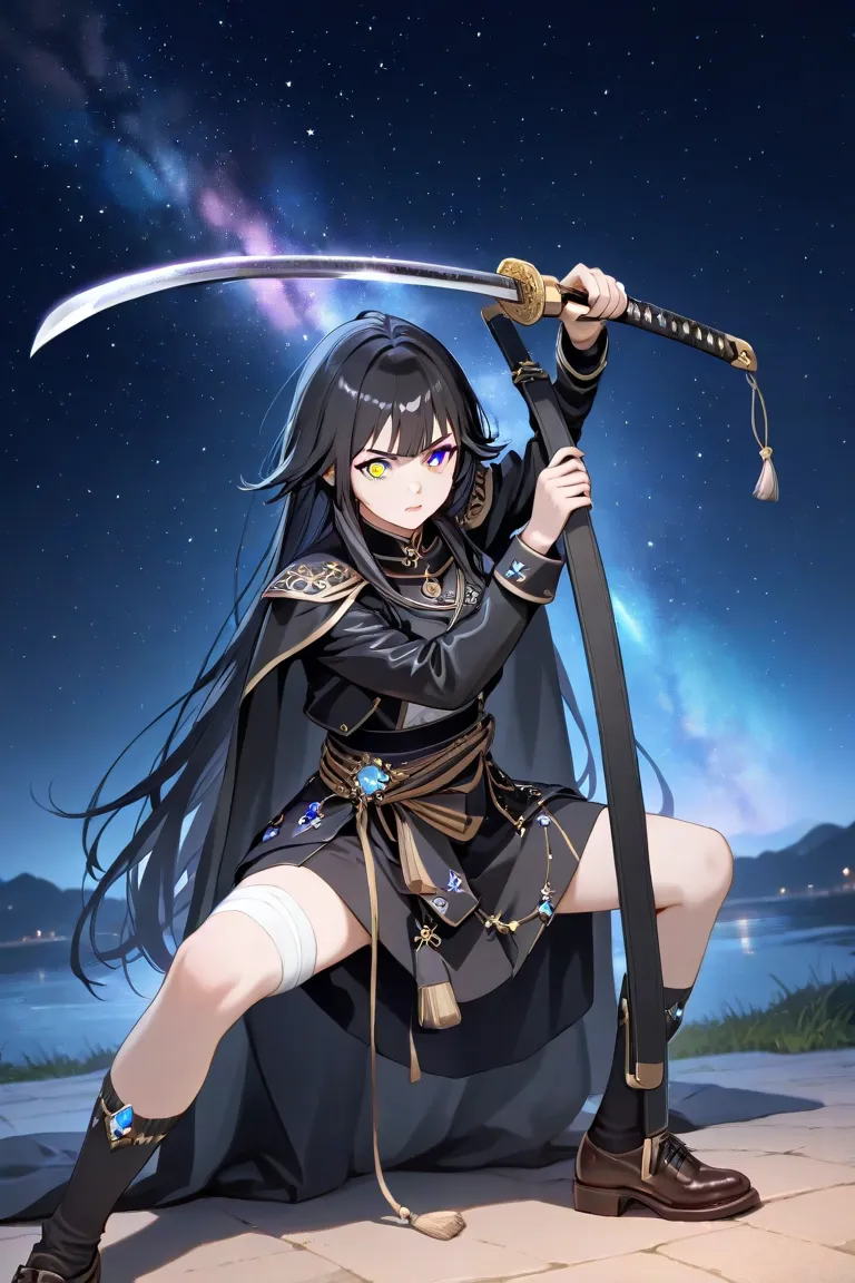 A girl，long black hair，Heterochromic pupils，Clockwise pupil， black cape，Black Jacket， Black Skirt ，Black socks，leather shoes， holding a samurai sword，Bandages on legs ，Gem decoration on the waist， fighting posture ，night，starry sky