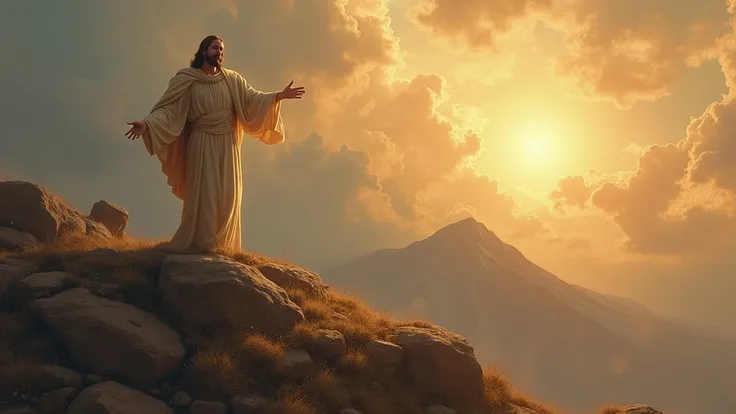 God , a face almost invisible in the sky, and at the top of the mountain is Jesus Christ with open arms, detailed religious portrait, figure of Christ in the foreground, serene facial expression, open arms in a welcoming gesture, mountain with cloudy skies...