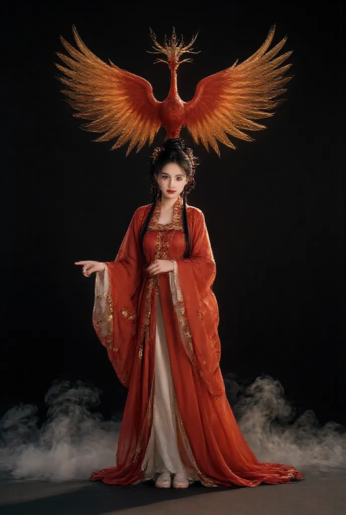 Create a hyper-realistic digital image of the Fire dragon red, a beautiful half-Thai, half-Chinese girl with sharp eyes and a beautiful smile. She wears a red Chinese goddess outfit decorated with long, sparkling, and beautiful, flowing gold accessories. S...