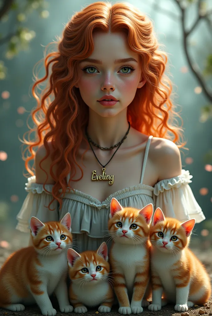 A chi with curly reddish hair that has wavy hair and a necklace that says eveling and that has several kittens 