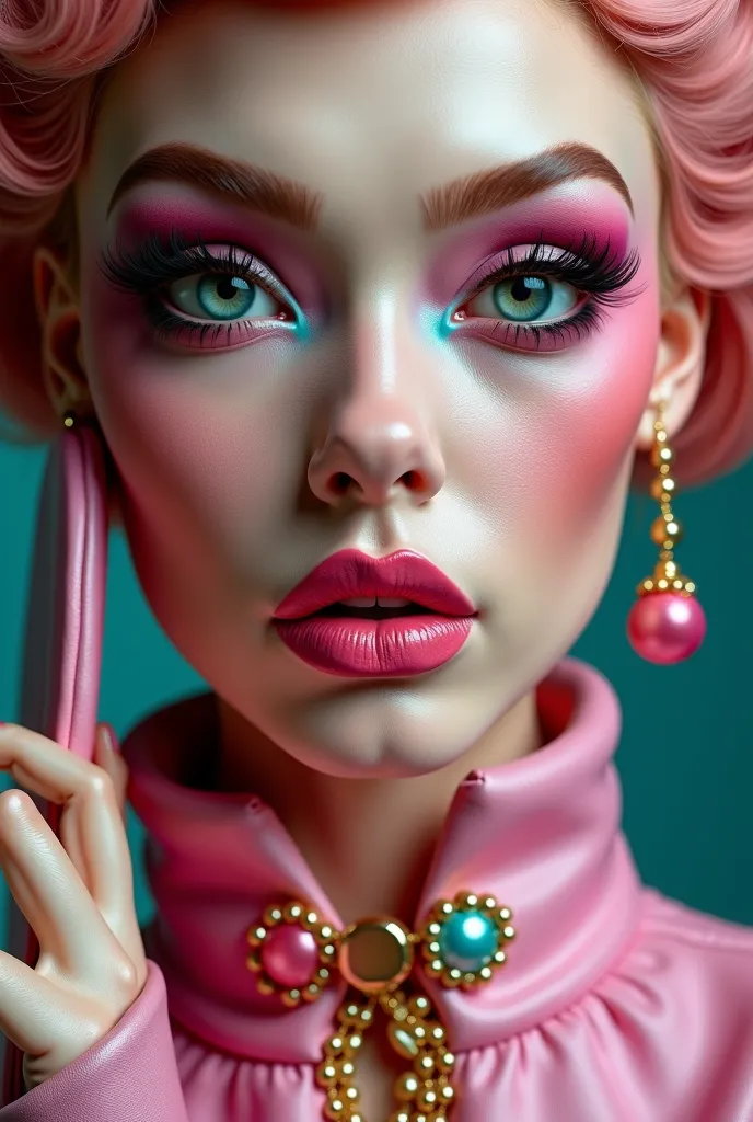 a close up of a woman in a costume with a purse, a portrait by Jeka Kemp, trending on cg society, pop surrealism, drag queen, drag, as if lisa simpson came to life, beautiful animal pearl queen, sculpted out of candy, kathy zyduck, snake-face lady, the fac...