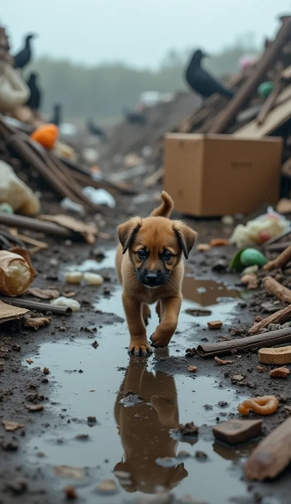 A small, weak puppy walking unsteadily through a landfill, stepping over trash and broken wood. The rain has started, creating small puddles around the garbage. The puppy is visibly exhausted, its fur damp and dirty. In the distance, an old, torn cardboard...