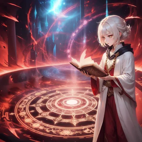 Anime style. Fantasy art. A summoner in a white robe stands holding a book. Red magic circle. Red and black space. Red current effect coming from the magic circle. Masterpiece. Sharp. Perfect human anatomy. Perfect circular magic circle.