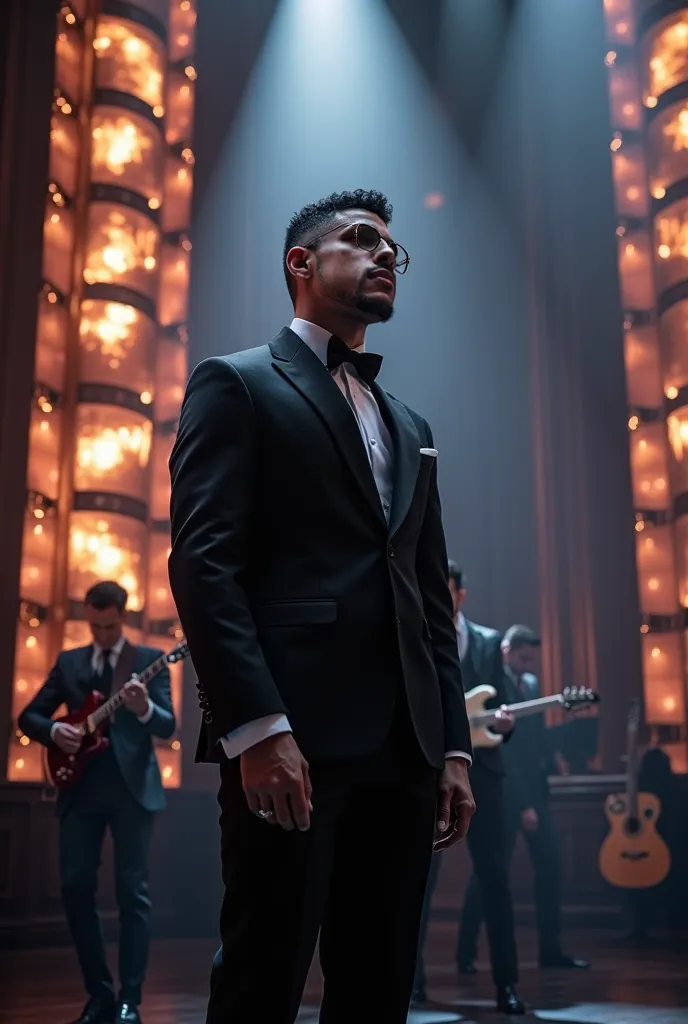 sex,  8K Ultra HD,Image of a singer , 30 years,  short beard , old-money style black hair, wearing a luxurious black slim suit, on a stage, band in the background, LED panels, Reflectors, 