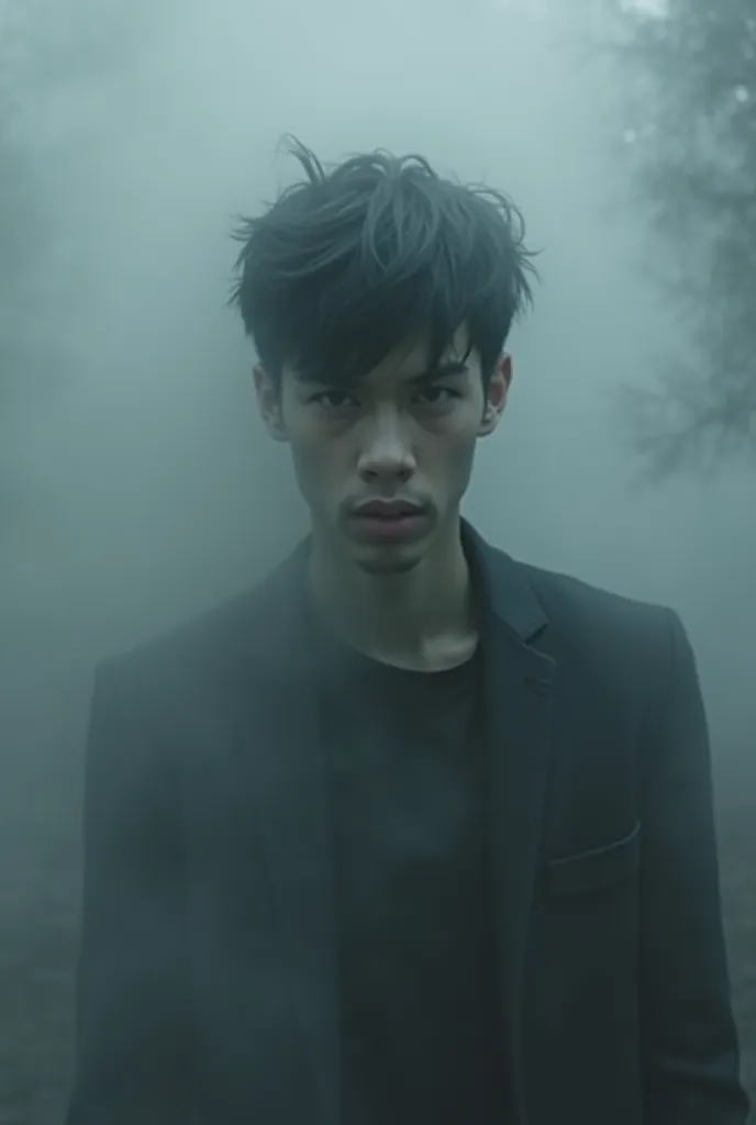 The ghost of a boy of about 18 years old in the foreground surrounded by a gray cloud, short black hair and sunken eyes plus a provocative face  