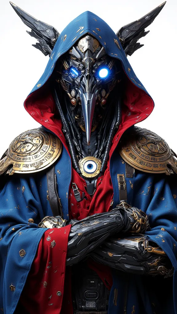 A hyperrealistic digital artwork of doctor strange   the sorcerers supreme. The image should focus on his upper body, showcasing his iconic medieval plague mask with a bird-like structure, glowing blue eyes, and a breathing apparatus. The mask should have ...