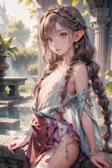 ((best quality skirt)), ((masterpiece)), (detailed), 1 fille,  revealing kimono , little tribal,(((little ,little))),( round face),(little chest),(grand front:1.2),( beaux grands yeux :1.3),extremely detailed cute anime face, ((( flat chest))),((((long bra...