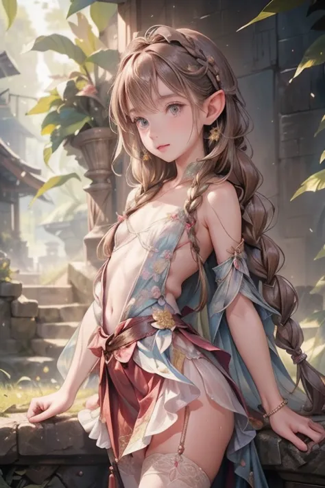 ((best quality skirt)), ((masterpiece)), (detailed), 1 fille,  revealing kimono , little tribal,(((little ,little))),( round face),(little chest),(grand front:1.2),( beaux grands yeux :1.3),extremely detailed cute anime face, ((( flat chest))),((((long bra...