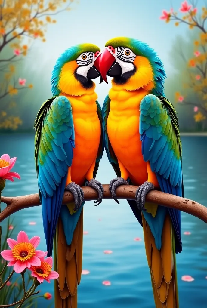 full length airbrush painting by Josephine wall of a two love parrot with red beak, yellow head, blue captive eyes, green body, multicolored rainbow colors wings setting on a blooms branch. a lake in background. in the style of Josephine Wall