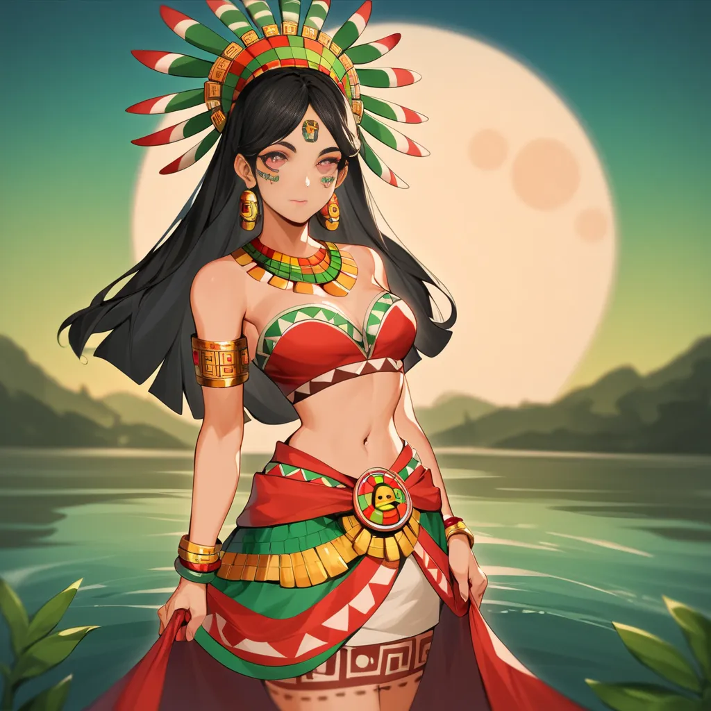 aztec girl, beautiful girl, holding an apple, (aztec ornament), black hair, long hair, pink eyes, beautiful white chest band, skirt, human ears, in full growth, light blush, thoughtful face, (anime style:1.0), white skin, imperious face, (nice face:1.0), В...