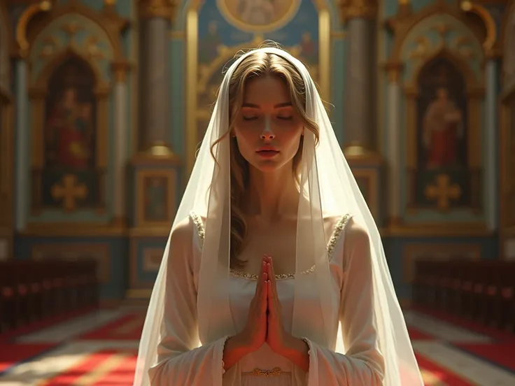 in an Orthodox church, a beautiful girl is kneeling and folding her arms, praying to God, her head is covered with a white density, ultra-realistic, cinematic