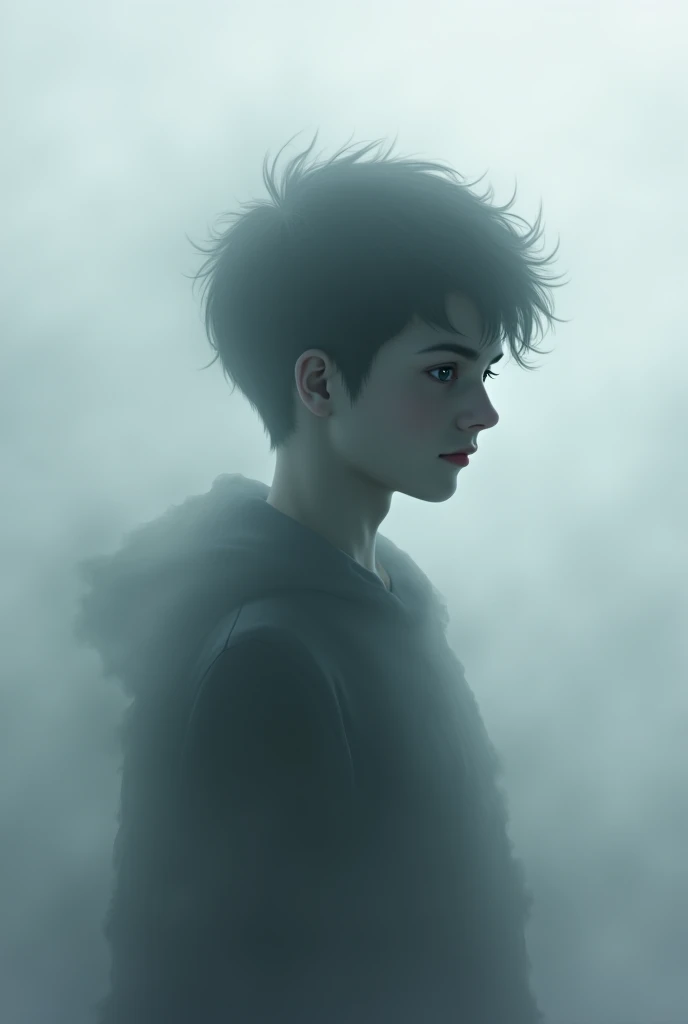 A ghost/shadow of a boy of about 18 years old gray in the foreground surrounded by a gray cloud ,the eyes are almost black and the short hair is in the air,I look at it is mischievous 