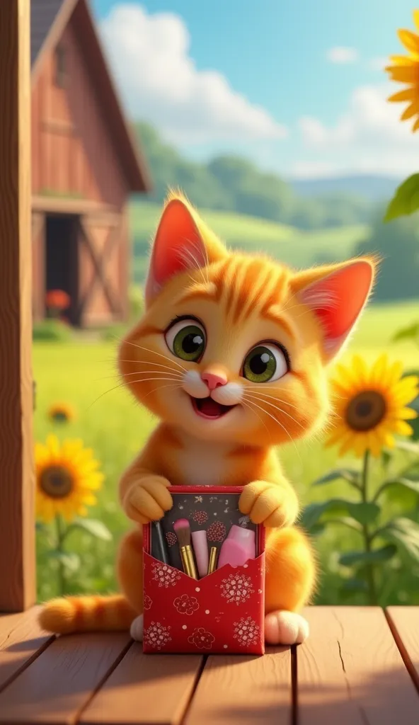 Tý Nị, a tiny golden cat, excited expression, sitting on a wooden porch, opening a beautifully wrapped makeup kit, background of a vibrant farm with green fields, a wooden barn, and sunflowers swaying in the breeze, 3D Pixar Animation Style.