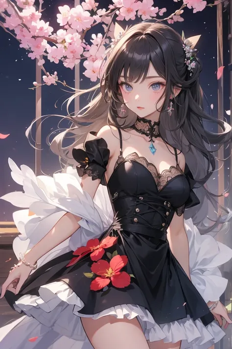    彼女はflowerのような形をした緑色の目をした女の子です,    she has long curly hair tied in two  ,   Her hair is gray with black highlights   .    Girl with sheer sleeves     ,    on the tip of her dress    /It's a crossroads in life 々 flower々 Made from  、flower畑、  色とりどりのflowerが...