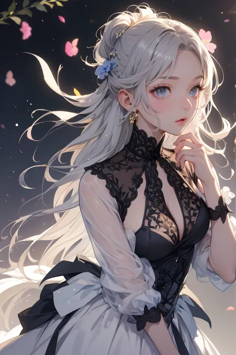    彼女はflowerのような形をした緑色の目をした女の子です,    she has long curly hair tied in two  ,   Her hair is gray with black highlights   .    Girl with sheer sleeves     ,    on the tip of her dress    /It's a crossroads in life 々 flower々 Made from  、flower畑、  色とりどりのflowerが...