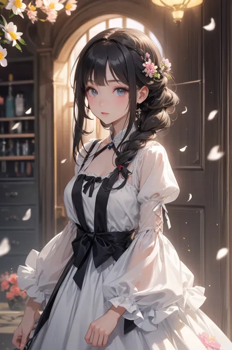    彼女はflowerのような形をした緑色の目をした女の子です,    she has long curly hair tied in two  ,   Her hair is gray with black highlights   .    Girl with sheer sleeves     ,    on the tip of her dress    /It's a crossroads in life 々 flower々 Made from  、flower畑、  色とりどりのflowerが...