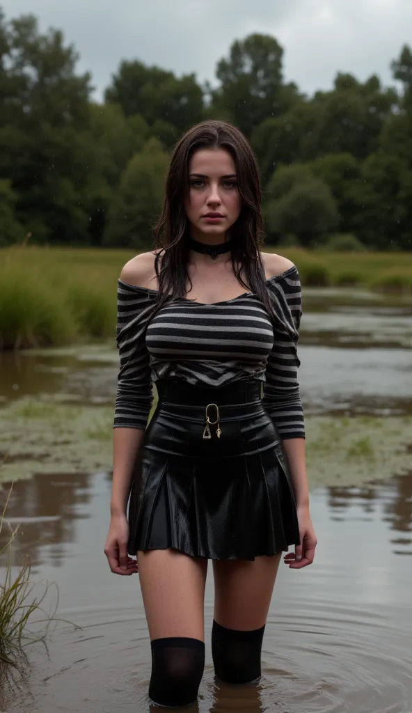 (Full Body Shot, Rainstorm, DUSK, ((woman in swamp, soaking wet, dark long hairs,))(Choker, black,)(wet striped sweatshirt, off shoulders, soaking wet,)(wet skirt, soaking wet,)(wet knee high socks, black, soaking wet,) Rainstorm, Mud Swamp,