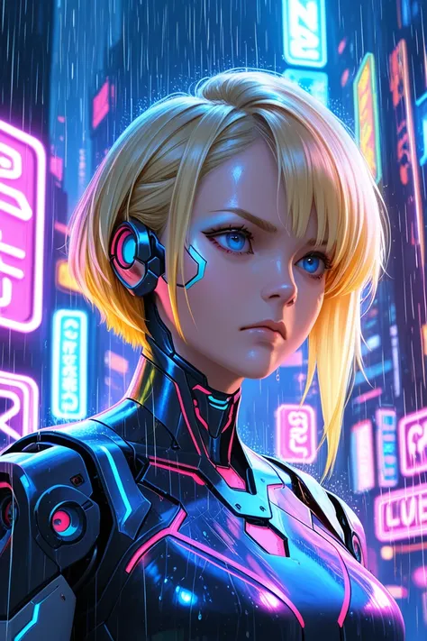 android,  blond hair, blue eyes, detailed face, serious expression, upright posture, futuristic environment,  cyberpunk city, neon lights, artificial rain, Depth of field, digital art, digital painting, 4K, high definition, vivid colors, professional light...