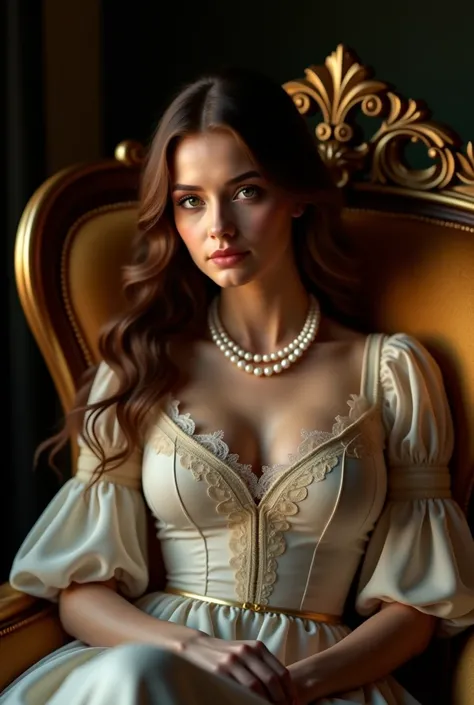 beautiful woman, inspired by alexandre cabanel, victorian, beautiful, aristocratic, ultra high resolution, (photorealistic:1.4), full body, recline, chiaroscuro lighting, luxurious interior, ornate furniture, elegant dress, lace details, pearl necklace, po...