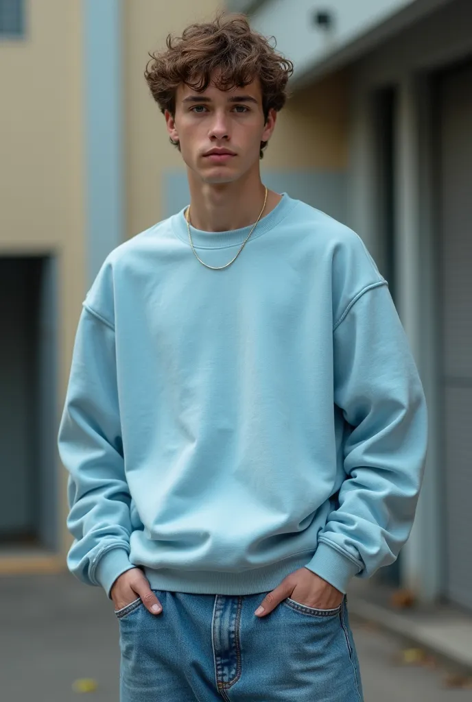 A man that wear baby blue sweatshirt and oversized jeans pant