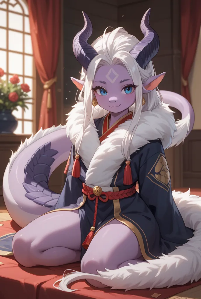 Furry dragon, dragon head, cute dragon, loli dragon, femboy furry dragon, super tall tail, sitting on a folded tail, a tassel at the end of the tail, purple skin, dark blue eyes, long white hair, six pretty while horns on the head, full closed rich dark ro...