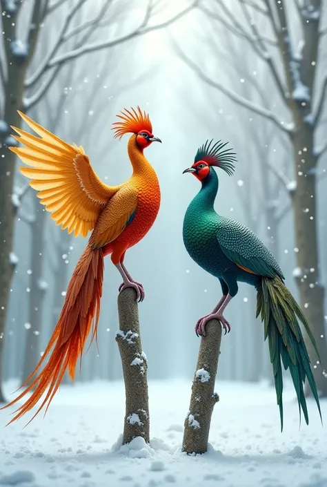 give me 2 pheasants with long tails and long colorful feathers on their heads 2 different colored birds, flapping their wings standing on 2 short trees close together in a snowy forest