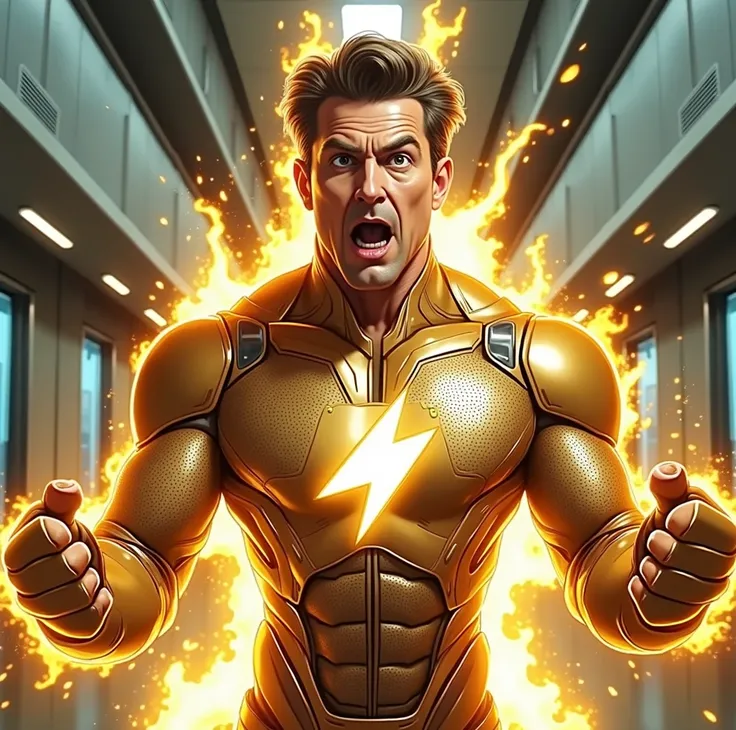 A male superhero, light-skinned and middle-aged, is centrally positioned in a dynamic pose.  He is wearing a gold, metallic, and stylized suit with visible details resembling advanced technology. The suit has a large lightning bolt graphic on the chest.  H...