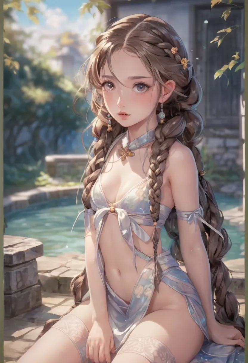 ((best quality skirt)), ((masterpiece)), (detailed), 1 fille,  revealing kimono , little tribal,(((little ,little))),( round face),(little chest),(grand front:1.2),( beaux grands yeux :1.3),extremely detailed cute anime face, ((( flat chest))),((((long bra...