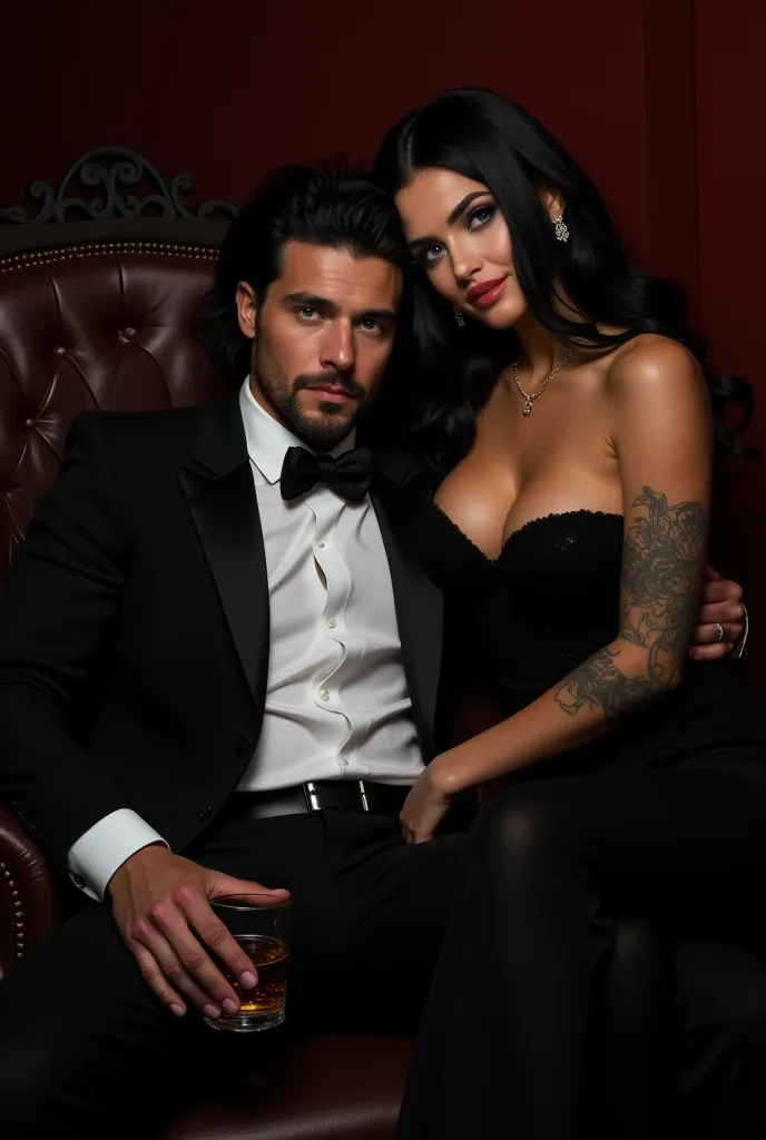 setting setting is a rich dominant couple.
he is holding a glass of bourbon.  while setting in a fancy chair, she is setting on the arm of the chair beside him and hugging him.
black roses. low lighting. 
 male black messy hair, Chisleled chin, masculine j...