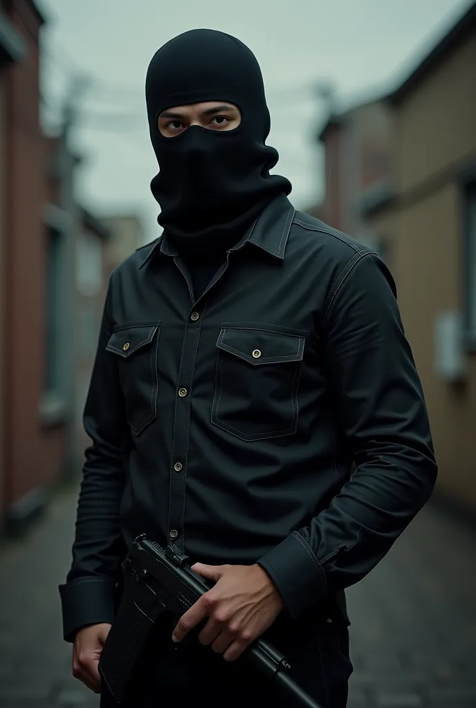 Create a man with balaclavas without a very strong shirt and with a gun in his hand